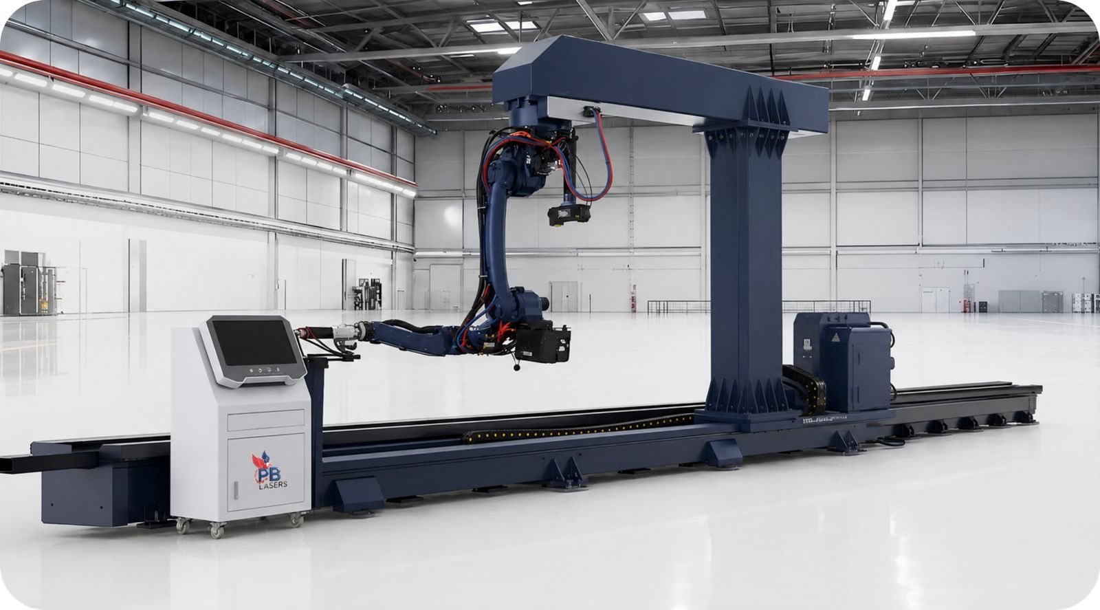 Weldrix dark navy seven-axis robotic welding workstation traveling on a ground rail