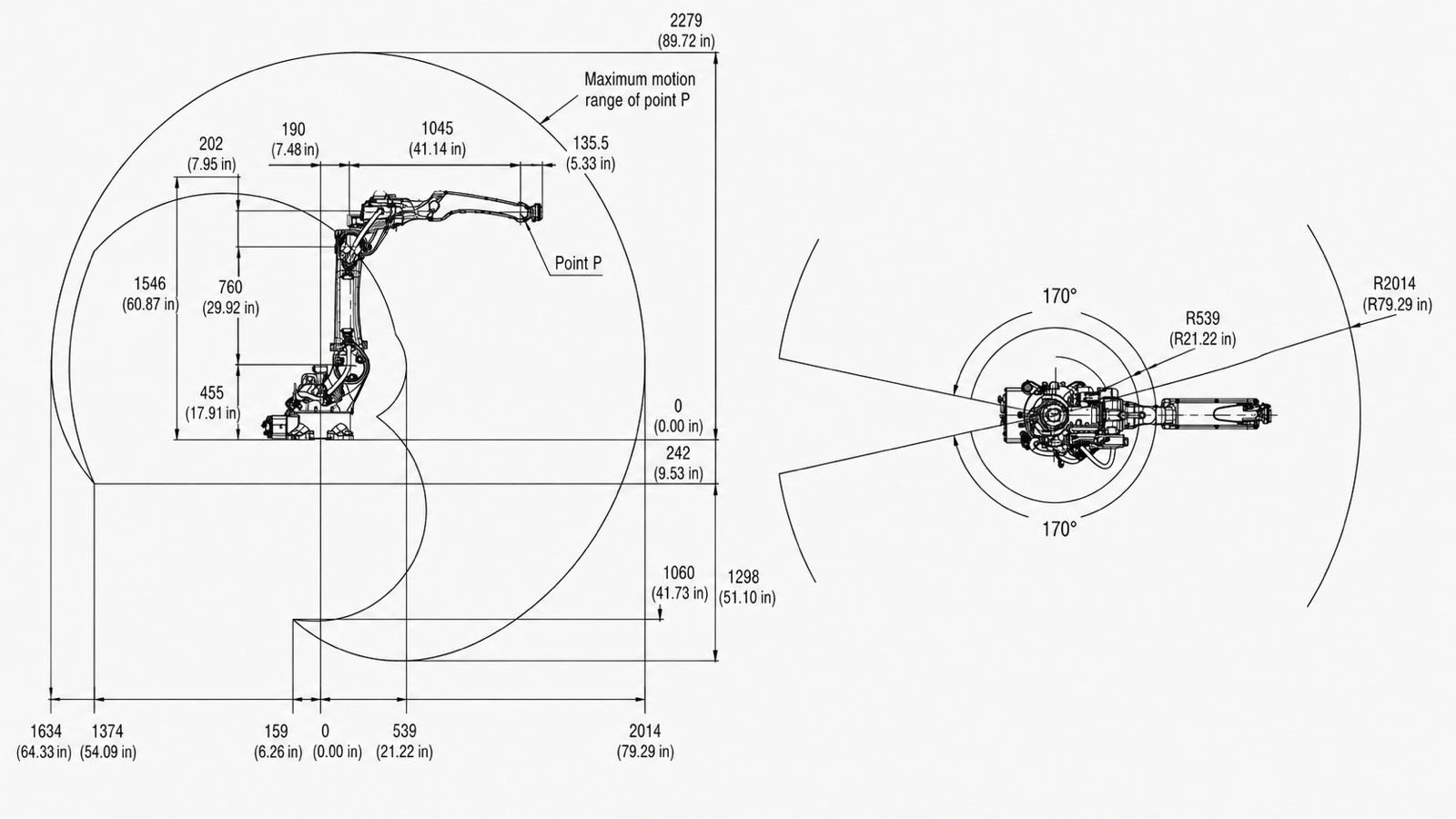 Engineering drawing of the Weldrix robot reach and work envelope with metric and inch dimensions