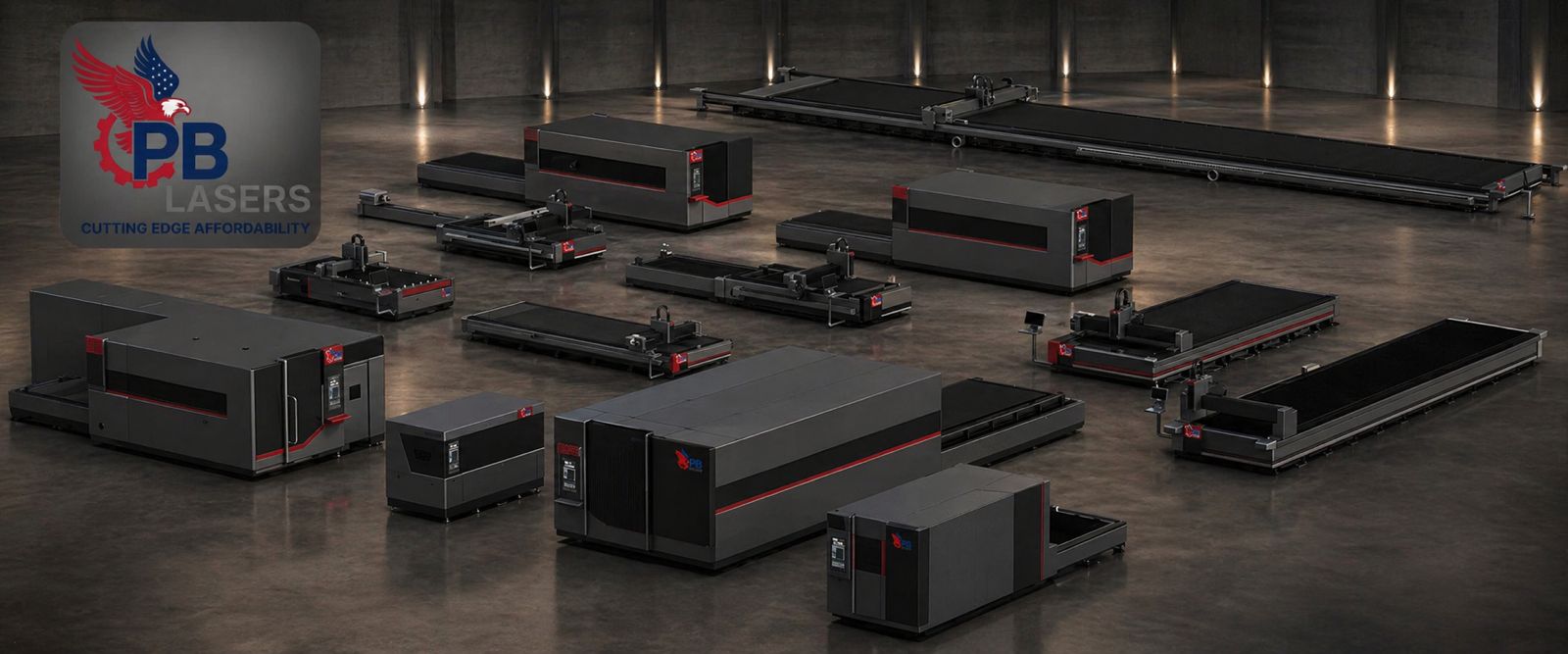 PB Lasers full product lineup — fiber sheet lasers, tube lasers, combo lasers, and automation systems displayed in an industrial facility