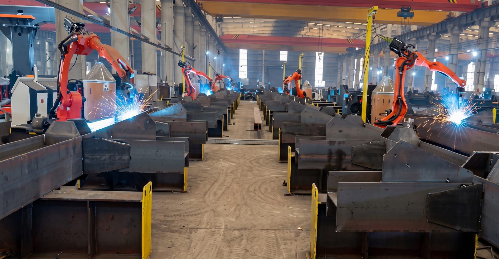 Multiple robotic welding stations laying weld beads along long structural-steel assemblies