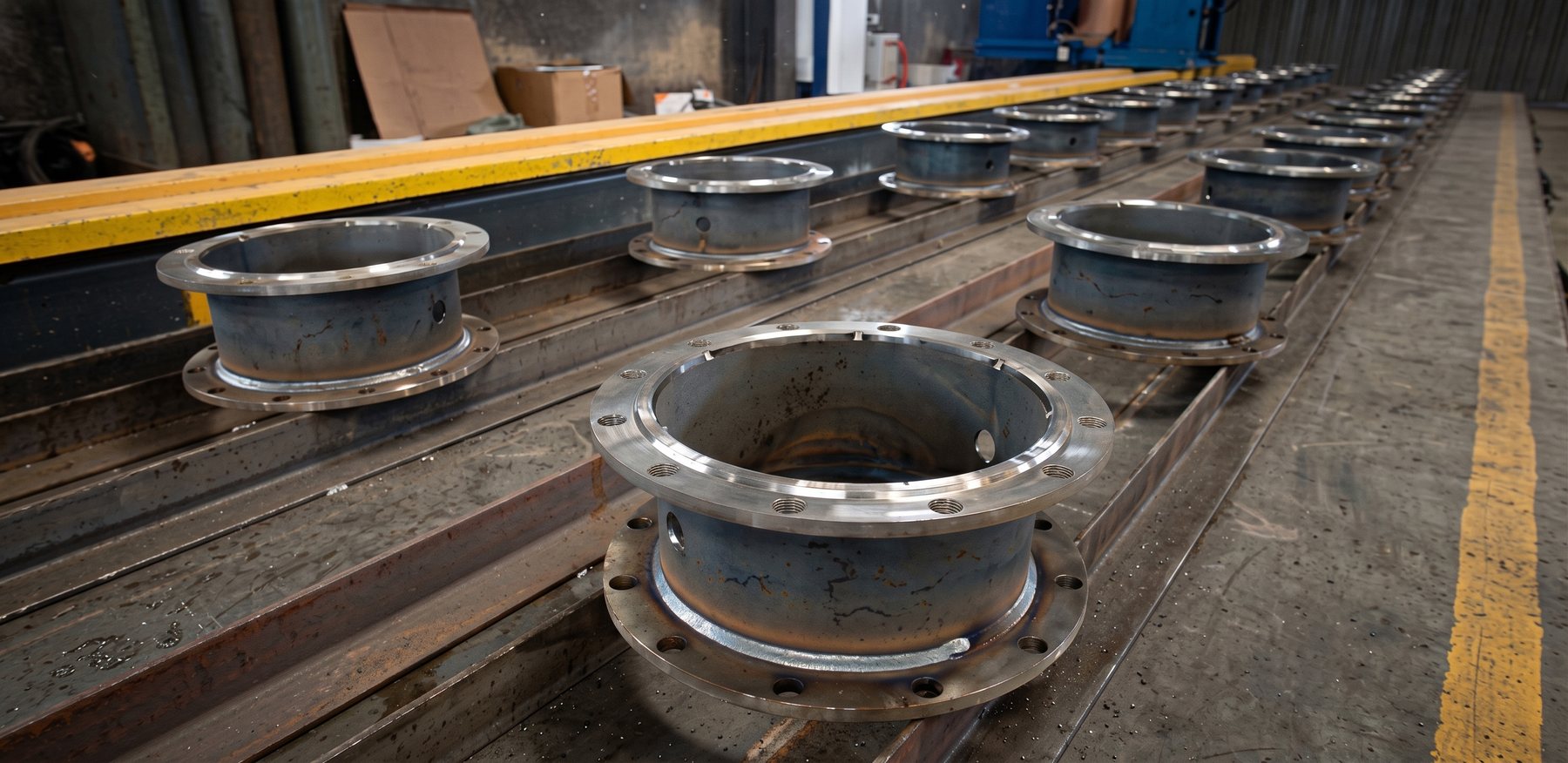 Row of finished welded steel flange assemblies in a fabrication shop