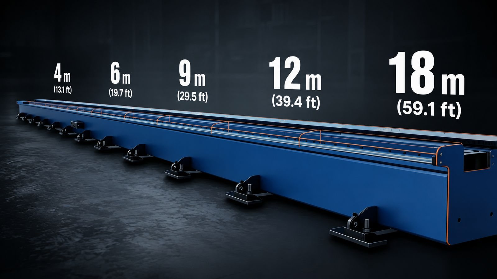 Weldrix configurable ground rail shown in 4, 6, 9, 12, and 18 meter lengths