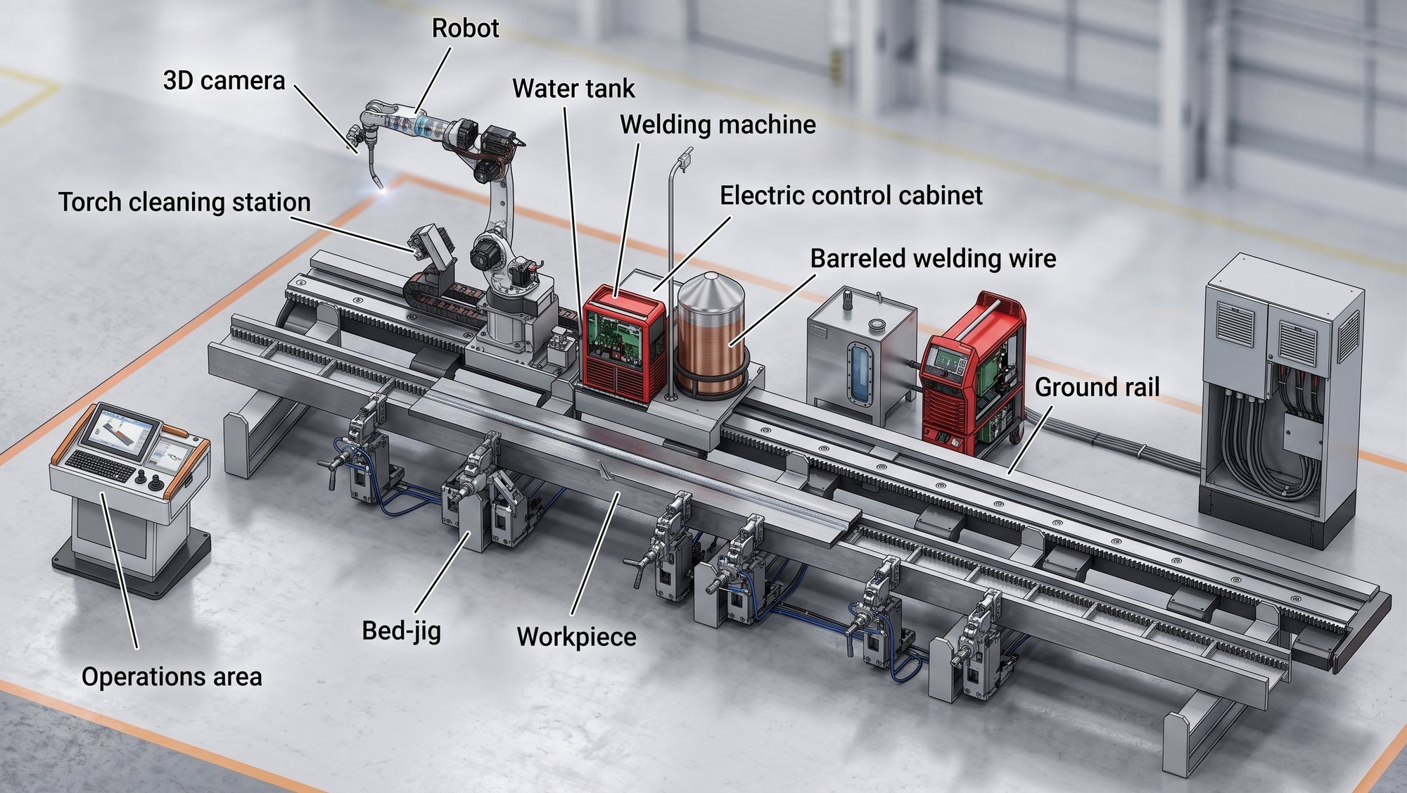 Labeled Weldrix equipment overview showing robot, 3D camera, welding equipment, ground rail, fixtures, torch cleaning station, and operations area