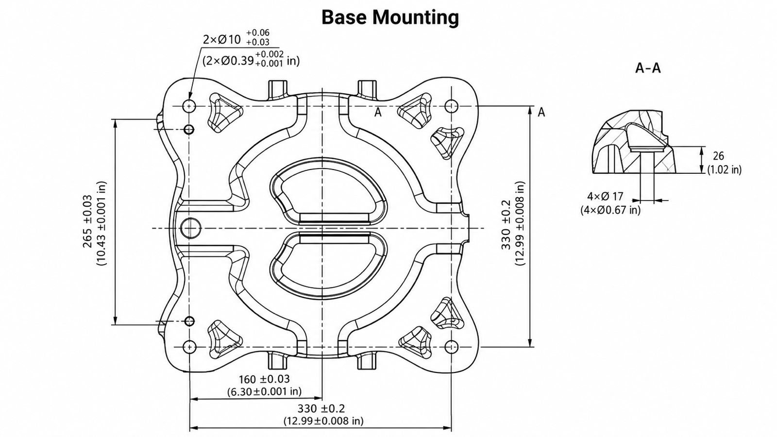 Engineering drawing of the Weldrix robot base mounting dimensions